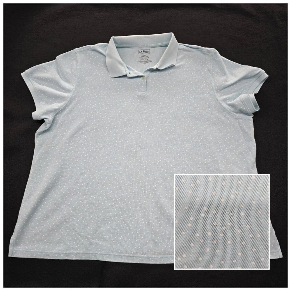 LL Bean Plus Size Relaxed Fit Short Sleeve Polo Shirt Sz 3X Plus Powder Blue Dot